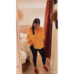 VTG Burnt Yellow Blouse Peasant Sleeves Cold Shoulder